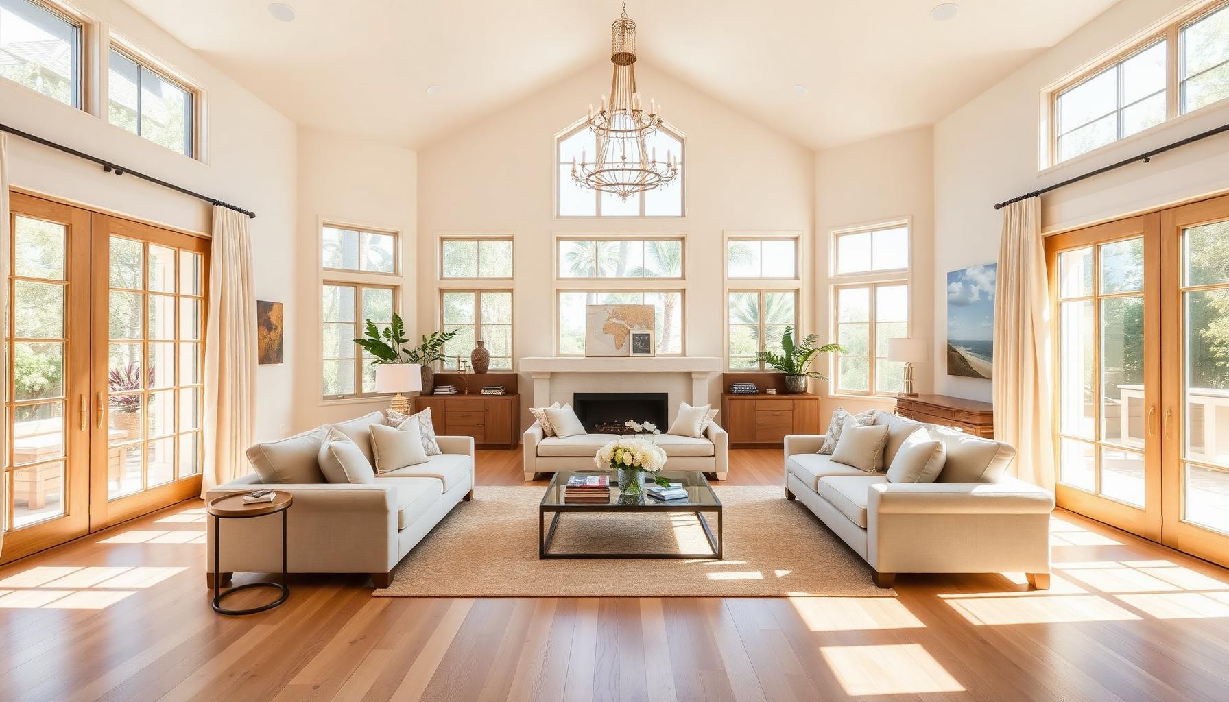 Bright California luxury living room with white walls and warm timber beams